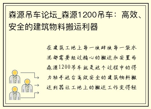 森源吊车论坛_森源1200吊车：高效、安全的建筑物料搬运利器
