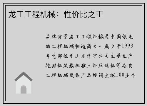龙工工程机械：性价比之王