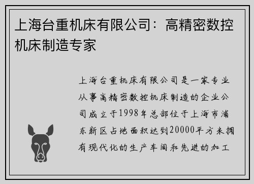 上海台重机床有限公司：高精密数控机床制造专家